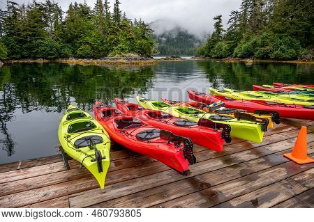 Sitka, Alaska - July 26, 2022 - View Of Adventure Sitka's  Kayaks At The Siginaka Islands Base.
