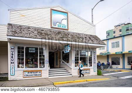 Sitka, Alaska - July 26, 2022 - View Of Sitka's Historic Main Street. Alsaka's Blue-eyed Bear Gift S
