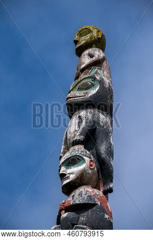 Sitka, Alaska - July 26, 2022: Detail Of Totem Pole In Sitka, Alaska.