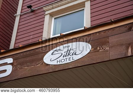 Sitka, Alaska - July 26, 2022 - View Of Sitka's Historic Main Street. Historic Sitka Hotel Visible.