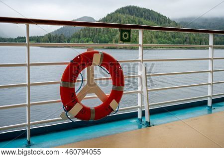 Sitka, Alaska  - July 26, 2022: Life Preserver  On The Serenade Of The Seas Cruise Ship Near Sitka, 