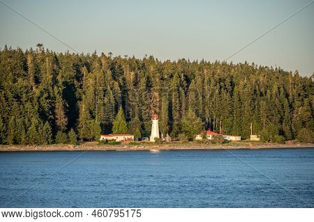 Cape Mudge Lighthuse And Beautiful Landscape On Quadra Island. View From Cruise Ship.