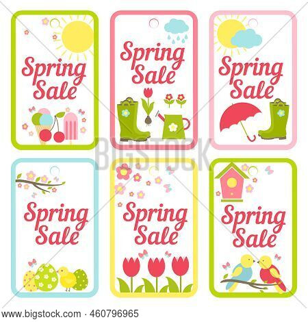 Collection Of Six Vector Designs For Spring Sale Signs Depicting The Weather  Icecream  Gardening  E