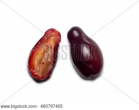 Dogwood Berries. Sliced Dogwood. The Pulp Of A Juicy Berry. Tart Fruit. Isolate Ingredient For Healt