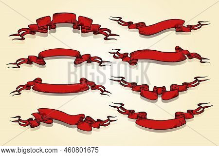 Vector Red Retro Ribbon Banners Set In Vintage Style