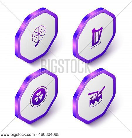 Set Isometric Four Leaf Clover, Harp, Golden Leprechaun Coin And Drum With Drum Sticks Icon. Purple 