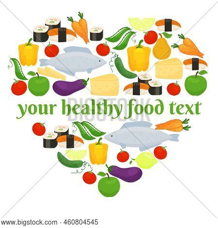 Various Foods Consisting Of Fish And Vegetables In Heart Shape Arrangement On White Background
