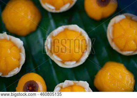 Traditional Golden Thai Dessert; Jamongkut, Thongaek Are Set On Banana Leaf.