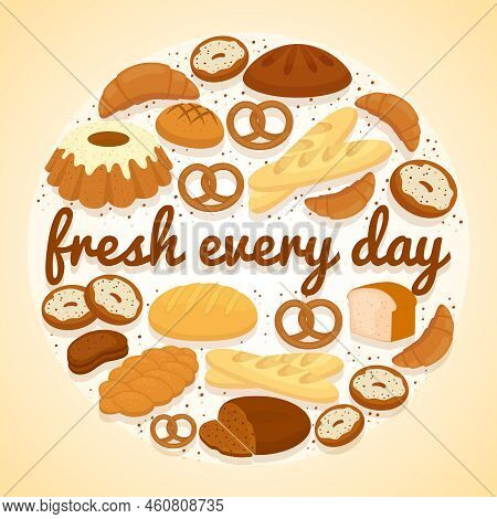 Fresh Every Day Bakery Label With A Circular Design Of Bagels  Donuts  Loaves Of Assorted Bread  Pre