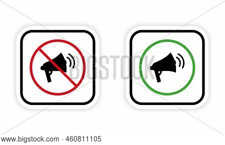 Ban Loud Speaker Zone Public Place Red Forbidden Round Sign. Loudspeaker Black Silhouette Icon Set. 