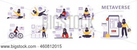 Metaverse And Virtual Reality Concept. Arabian Women In Vr Glasses Learning, Meditating, Working And