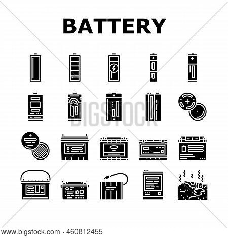 Battery Power Energy Electric Car Icons Set Vector. Technology Industry, Electricity Lithium, Charge