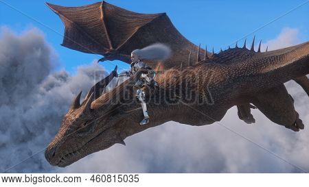 White Haired Female Warrior Knight Flies On A Dragon Above The Clouds.fantasy Artwork Scene. Cgi Ani