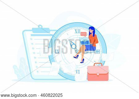 A Freelance Developer Sitting On The Clock Hands With A Laptop. Time Management, Productivity, Effic