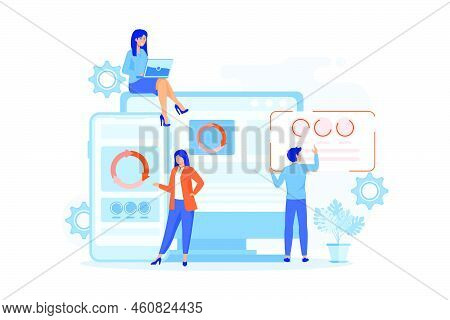 Developers At Computer And Smartphone Working On Single Page App, Tiny People. Single Page Applicati