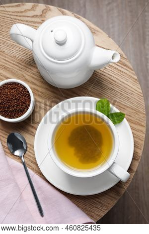Buckwheat Tea Served On Wooden Table, Flat Lay