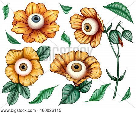 Creepy Halloween Flowers With Eyeballs, Orange October Florals, Scary Botanica, Mystical Halloween G