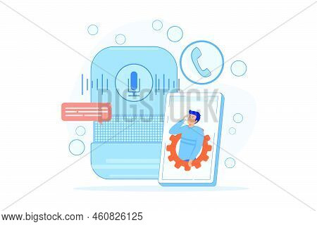 User Making Hands-free Phone Calls With Smart Speaker. Smart Home Assistant, Iot Technology And Voic