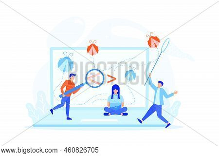 People Catching Bugs On The Laptop Screen With Angle Brackets. It Software Application Testing, Qual