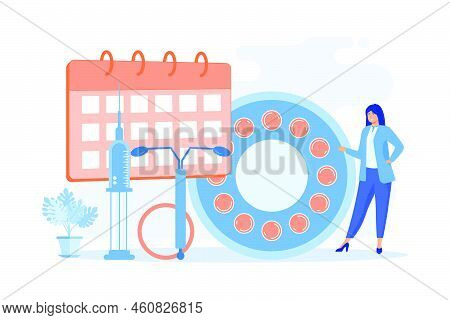 Woman Poining At Oral Contraceptives, Iud And Bc Injection. Female Contraceptives, Oral Hormonal Con