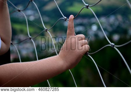 Terrace Fencing, Railings Of Metal Pipes Filled With Steel Cables Cable Mesh. Fencing Wire Stainless