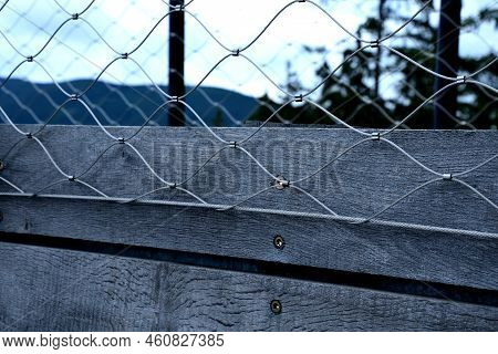 Terrace Fencing, Railings Of Metal Pipes Filled With Steel Cables Cable Mesh. Fencing Wire Stainless
