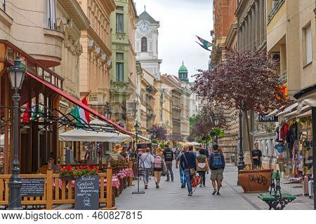 Budapest, Hungary - July 31, 2022: People Walking At Vaci Street Pedestrian Zone Summer Day.