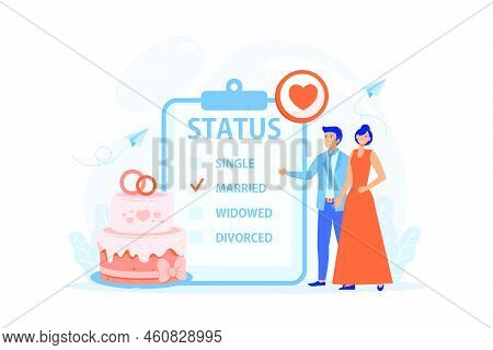 Married Couple And Marital Status On Clipboard, Tiny People. Relationship Status, Marital Status And