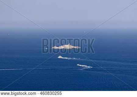 Ships Cross The Waters Of Tyrrhenian Sea Between The Islands Of The Tuscan Archipelago, In The Cente