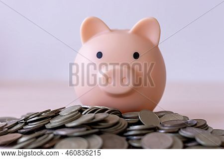 A Piggy Bank Sitting On Top Of A Pile Of Coins. The Conceptual Theme Of Saving Money And Saving Savi