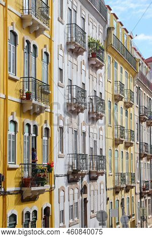 Lisbon City In Portugal. Residential Street Architecture. Estefania District Of Lisbon.