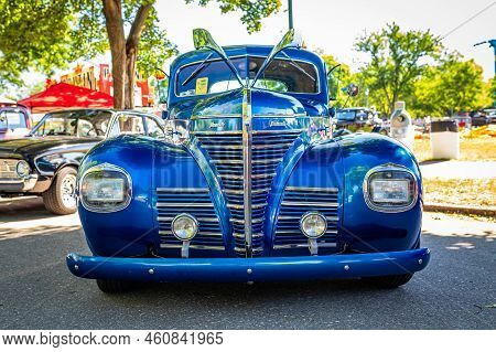 Falcon Heights, Mn - June 17, 2022: Low Perspective Front View Of A 1939 Plymouth P8 Deluxe Business