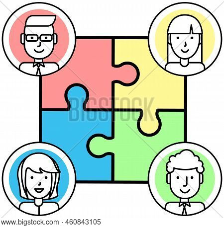 Partnership And Collaboration Concept. Teamwork And Team Building. Coworkers Assembling Jigsaw Puzzl