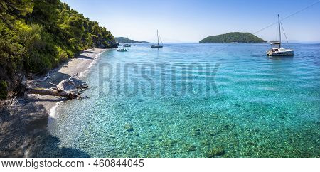 Panoramic View Of The Beautiful Ftelia Beach At Skopelos Island