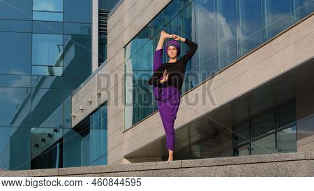 Strong Muslim Woman In Hijab Flexible Young Girl Stretching Yogi Yoga Workout Tree Pose Asana Female