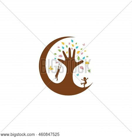 Hand Tree With Cildren Playing And Colorful Leaf. Vector Illustration Eps.8 Eps.10