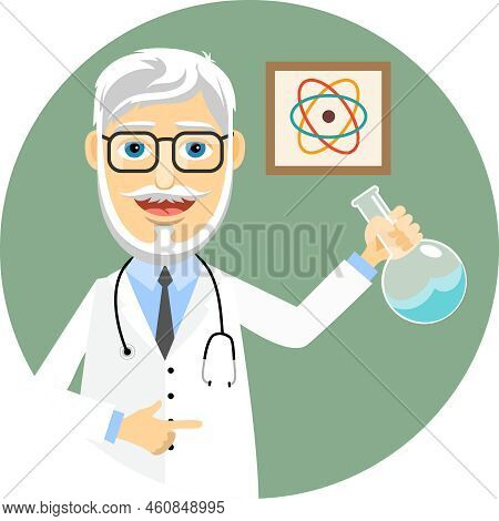 Elderly Doctor Or Pharmacist Wearing A Lab Coat And Stethoscope And Brandishing A Flask With A Chemi