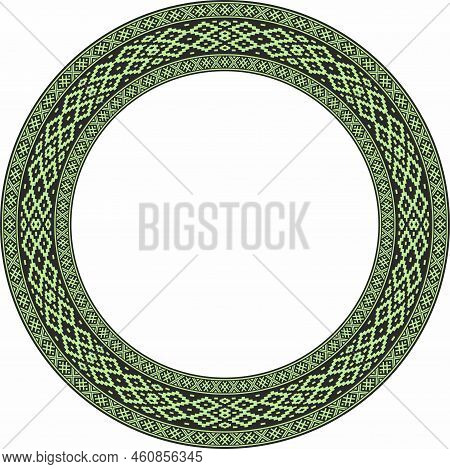 Vector Round Color Belarusian National Ornament. Ethnic Green Circle Border, Slavic Peoples Frame.