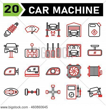 Car Machine Icon Set Include Shock Breaker, Service, Automobile, Car Part, Washer, Wiper, Windscreen
