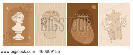 Set Of Abstract Vertical Posters With Antique Goddess Statue, Abstract Shapes, Mystical Elements And