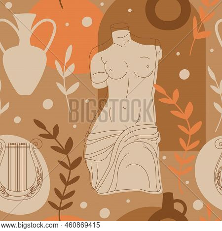 Seamless Pattern With Antique Sculpture Of Aphrodite, Abstract Terracotta Shape, Plants, Sun, Lira A