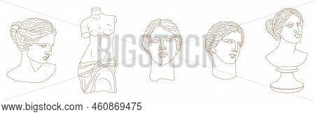 Set Of One Line Ancient Greek Goddess Statue. Aphrodite Or Venus Classical Mythological Sculptures I