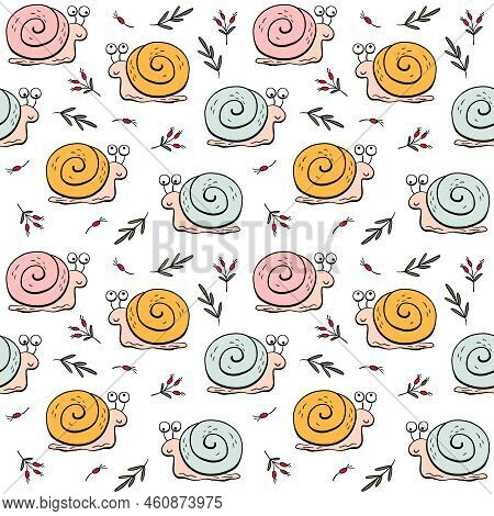 Seamless Pattern With Cute Yellow Snails, Leaves And Berries On A White Background. Creative Childre