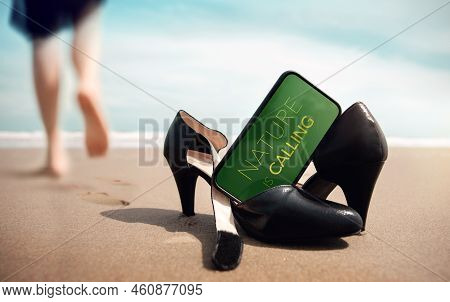 Work Life Balance Concept. Refreshing Life By Nature Therapy. Business Woman Take Off Her Shoes On T