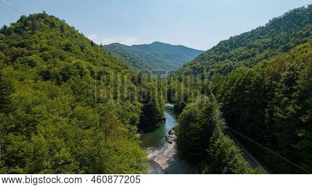 Aerial Mountain Landscape And River Natural Scenery In Russia, Adygea, Guzeripl, Plateau Lago-naki.