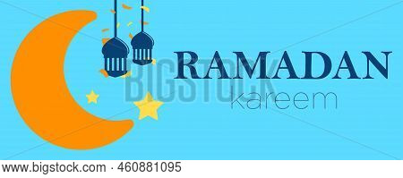 Ramadan Kerem Blue Background, Latin Typography Line Star And Crescent Illustration