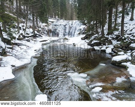 Mumlavsky Vodopad, Waterfall On Mumlava River Stream In Krkonose National Park, Czech Republic In Wi