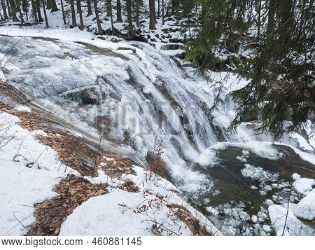 Mumlavsky Vodopad, Waterfall On Mumlava River Stream In Krkonose National Park, Czech Republic In Wi