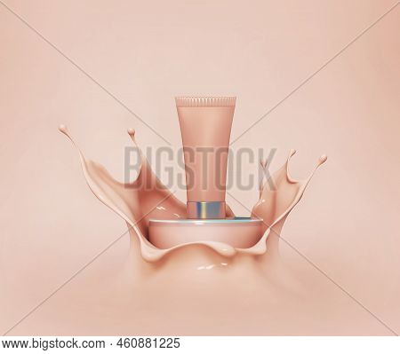 Liquid Makeup Foundation Tube With Cosmetic Foundation Cream Splash. Blank Cosmetics Skincare Produc