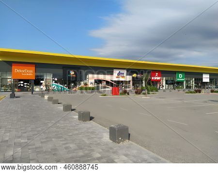 Stop Shop Shopping Center, Sremska Mitrovica, Serbia, June 06, 2022. Square With Open Shops Dm, Inte